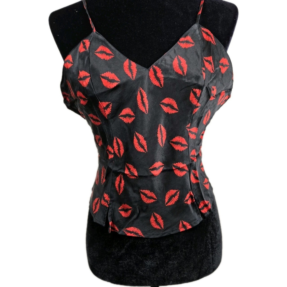 Magic Silk 100% Silk Black‎ Red Lip Print Camisole Top Size M – Sexy Vintage Y2K